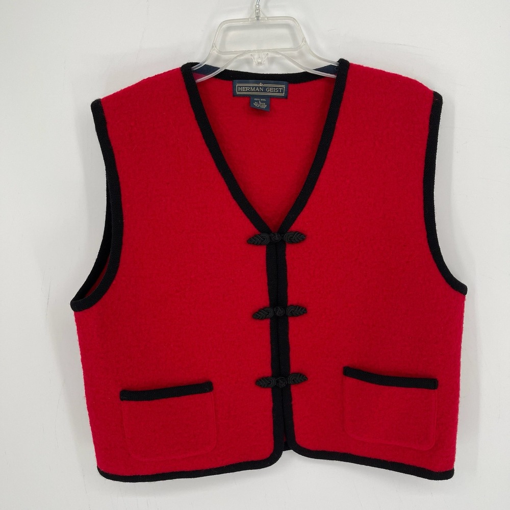 Herman Geist Women's Vintage Red Frog Closure V-Neck Wool Sweater Vest Size L